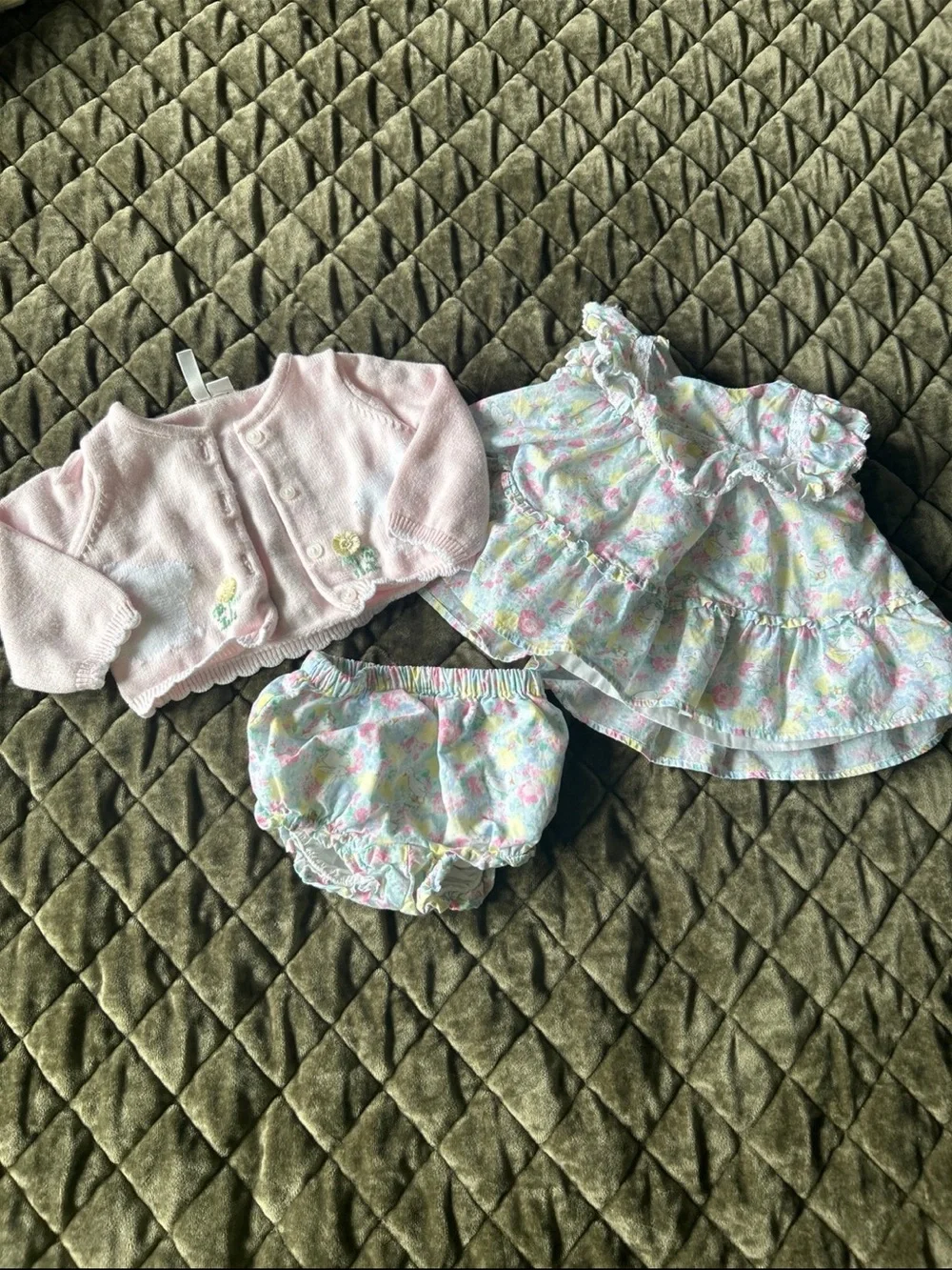 Janie and Jack Pink Knit Cardigan with Pastel Floral Dress & Bloomers